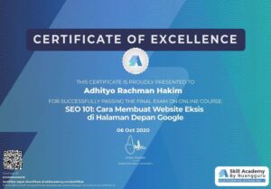 Sertifikat Lulus Exam SEO 101 dari Skill Academy by Ruangguru